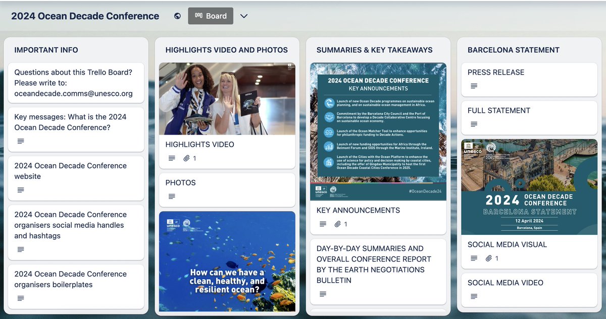 Calling ocean communicators! The 2024 Ocean Decade Conference Trello Board is your one-stop-shop for content on #OceanDecade24 and its outcomes, with: 👉Conference summary 👉Highlight videos and photos 👉Content to promote the Barcelona Statement 🔗ow.ly/yhLA50Ruyrz