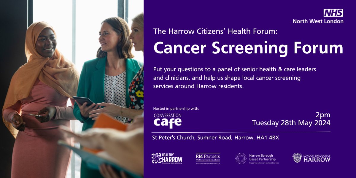 Don't miss this chance to put your questions about cancer screening directly to senior health and care leaders at the next Harrow Citizens' Health Forum on Tuesday 28 May at 2pm at St Peter's Church. Find out more and sign up at eventbrite.co.uk/e/harrow-citiz…