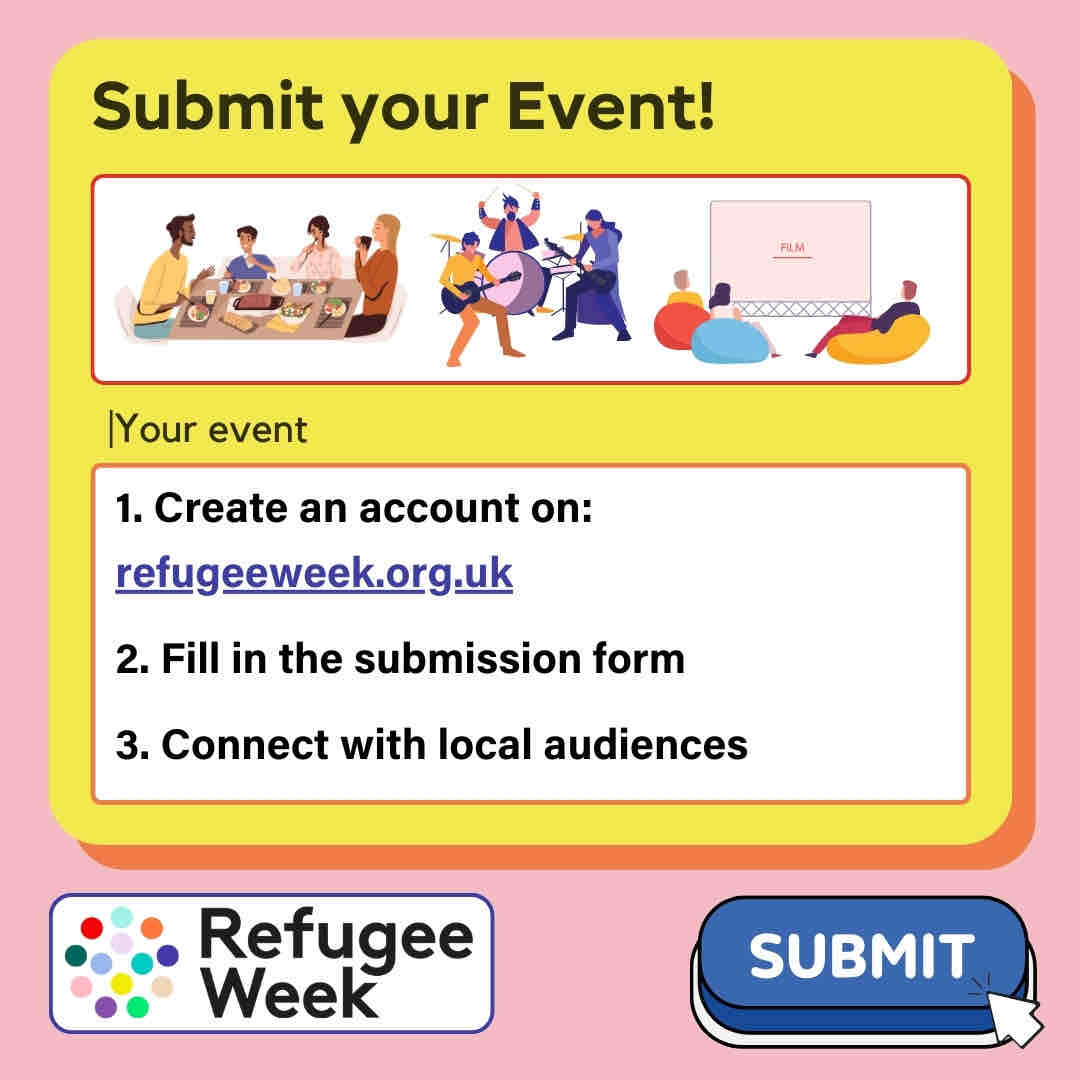 Submitting your event to the Refugee Week calendar is a great way to promote your event, reach your local community and connect with new audiences. Plus journalists & media use the Refugee Week website to find local activity. refugeeweek.org.uk/get-involved/h…