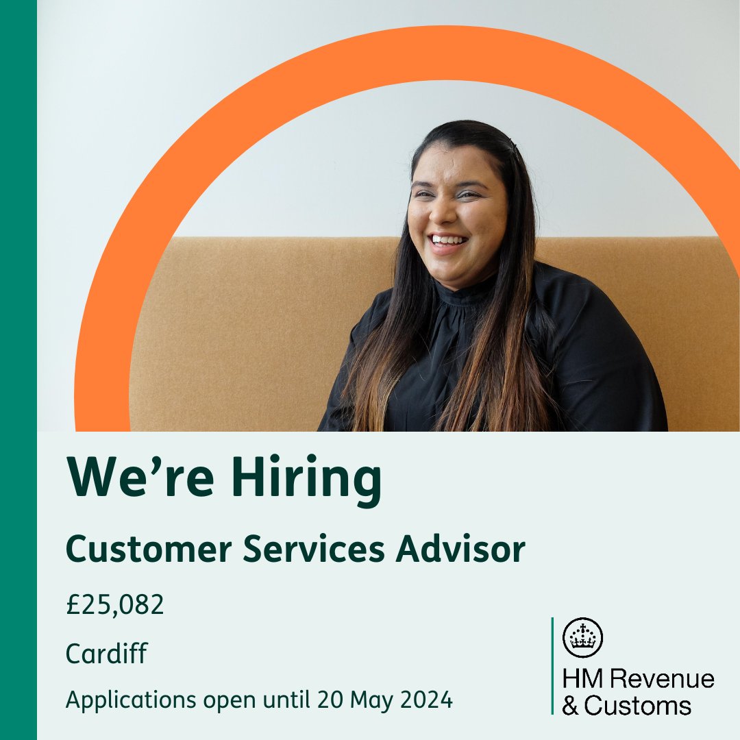 👩‍💻 Customer Services Advisor                   
💷 £25,082
🏢 Cardiff

We are recruiting for Customer Services Advisors. This is a great role to start your career with us here at HMRC.

Apply now. 👇

civilservicejobs.service.gov.uk/csr/jobs.cgi?j…

#PeoplePurposePotential #CivilServiceJobs #NewJob