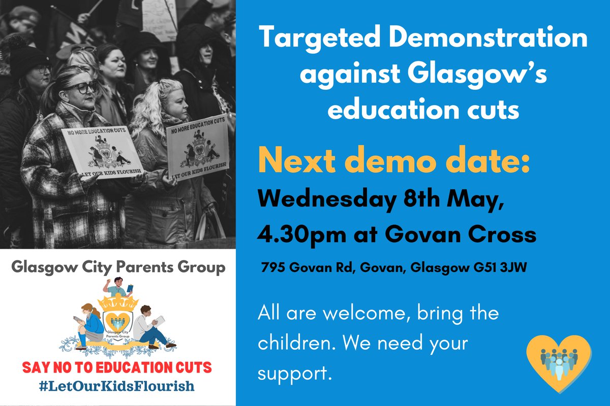 Targeted Demonstration against Glasgow’s Education Cuts⬇️ Wednesday 8th May, 4.30pm at Govan Cross, 795 Govan Rd, Govan, Glasgow G51 3JW 📢Calling all mentors, teachers, school staff, parents, carers, Parent Councils... All welcome, bring the children. We need your support.💛