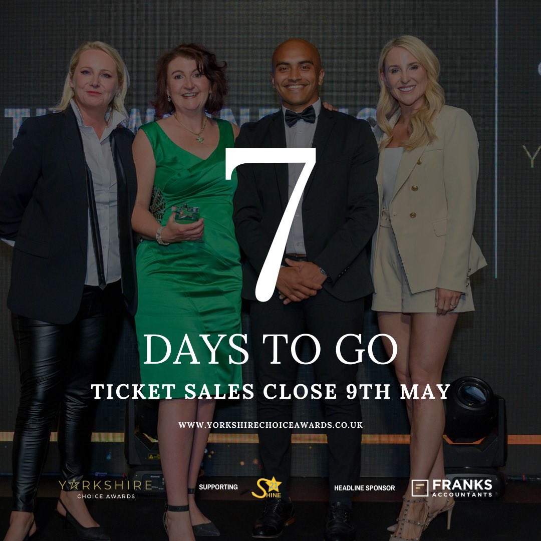 🌟 Don't miss out on your chance to support your favourite Yorkshire heroes at our Awards on the 7th June🎉 Bookings for tables and tickets close in 7 days, secure yours now and be part of our incredible celebrations🏆✨ Click here to book: yorkshirechoiceawards.co.uk/tickets #yca2024