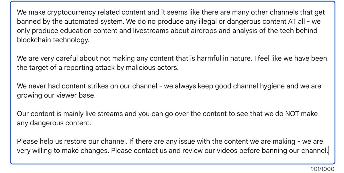 Our second channel got deleted by Youtube's Automated system. Apparently talking about Crypto is 'Harmful'? WTF Please help us share and get our account back @YouTube @TeamYouTube @YouTubeCreators This is happening to other crypto channels too. insane.…