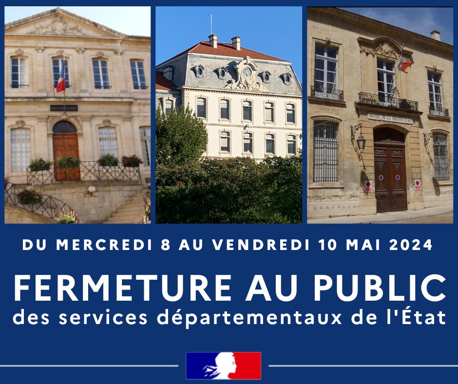 [Fermeture exceptionnelle au public] Du 8 au 10 mai 2024 inclus, la préfecture de #Vaucluse, les sous-préfectures d'Apt et de Carpentras et les services de l’État du site Chabran (avenue de la Folie - Avignon) seront fermés au public.
+ d'infos 👉bit.ly/3UrIyWm