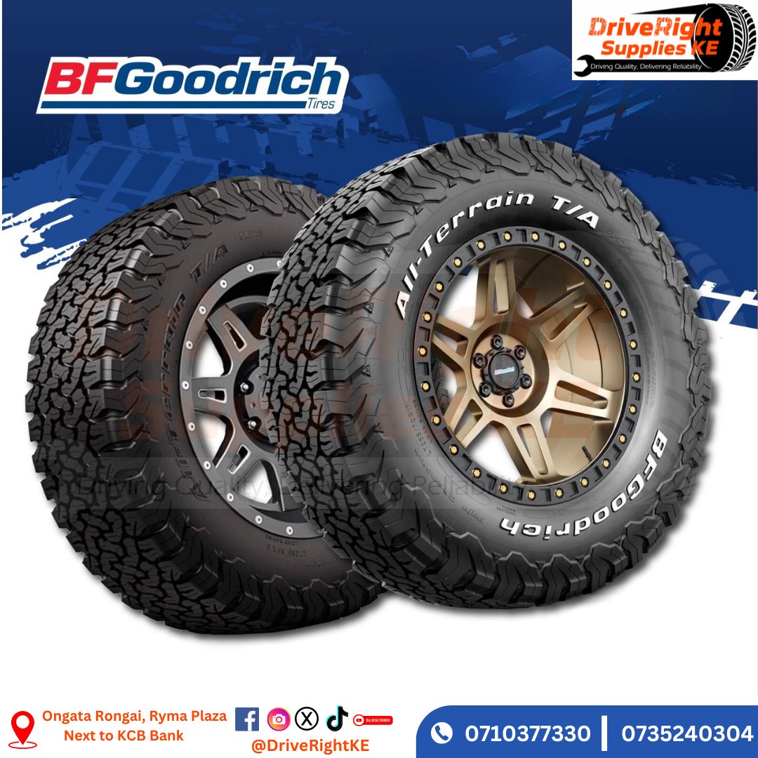 Upgrade your ride with BFGoodrich tires, at DriveRight Supplies KE! Unleash superior performance and unmatched durability on every journey. Drive with confidence, drive with BFGoodrich. #DriveRightKE #BFGoodrich #UpgradeYourRide 🚗💨🔧