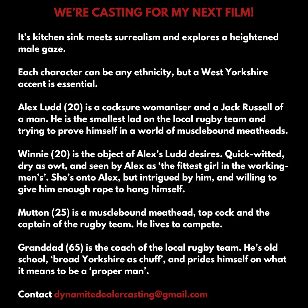 WE'RE CASTING FOR JORDON’S NEXT FILM!⁣ ⁣ Its kitchen sink meets surrealism and explores a heightened male gaze. 🧨 ⁣ Both professional and first-timers actors welcome! ⁣ Each character can be any ethnicity, but a West Yorkshire accent is essential.⁣ #casting #bradford⁣
