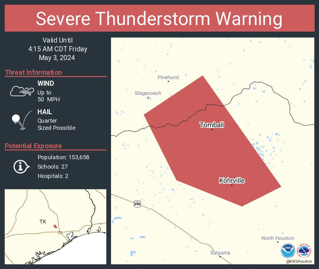 Severe Thunderstorm Warning continues for Tomball TX and Kohrville TX until 4:15 AM CDT