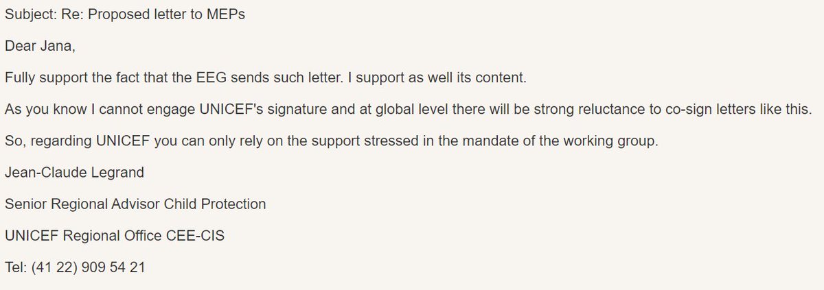 'At global level there will be strong reluctance to co-sign letters like this'

Mail from 2012, Unicef to Eurochild, ended up in my mailbox.

Can you enlighten us @unicefchief 
Or @Eurochild_org 

#adoptionlobby