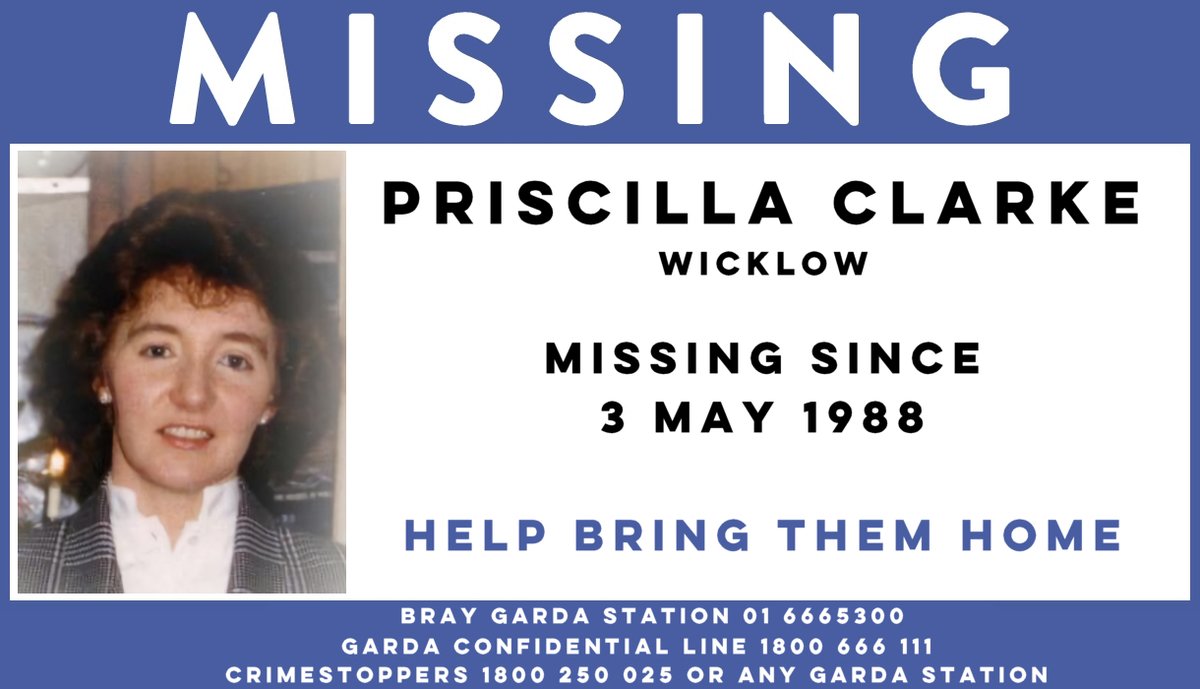 Anniversary: Priscilla Clarke went missing on 3 May 1988 in Enniskerry, Co Wicklow. She vanished after going out horse riding with her employer near Powerscourt, Co Wicklow. 
#HelpBringThemHome #Wicklow