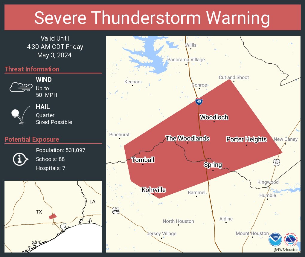 Severe Thunderstorm Warning including The Woodlands TX, Spring TX and Tomball TX until 4:30 AM CDT