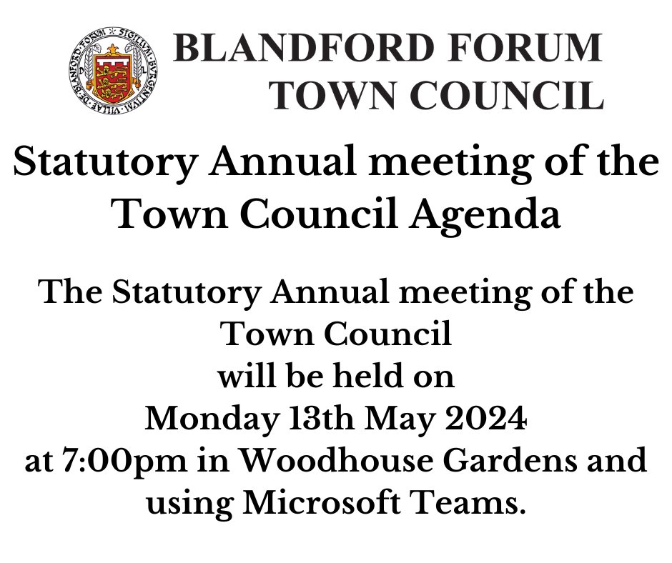 The agenda for the Annual meeting of the Town Council, scheduled for Monday 13th May 2024, can be accessed via the following link: blandfordforum-tc.gov.uk/.../2024/05/13…