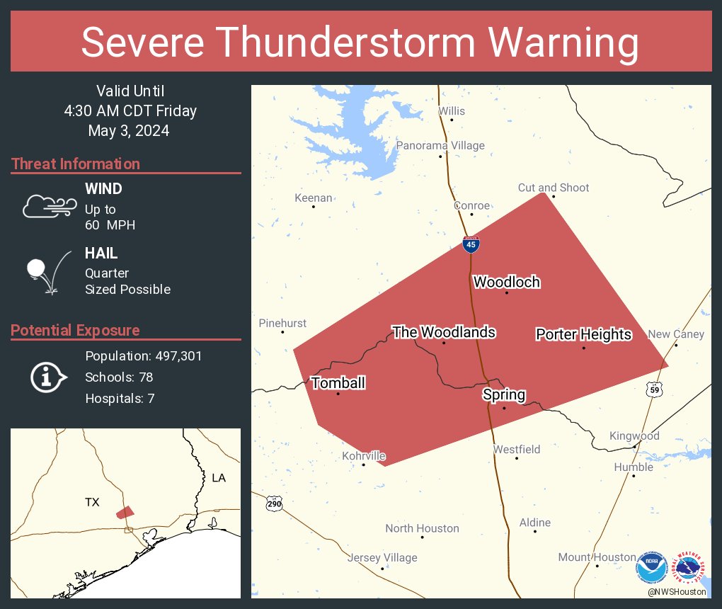 Severe Thunderstorm Warning continues for The Woodlands TX, Spring TX and Tomball TX until 4:30 AM CDT