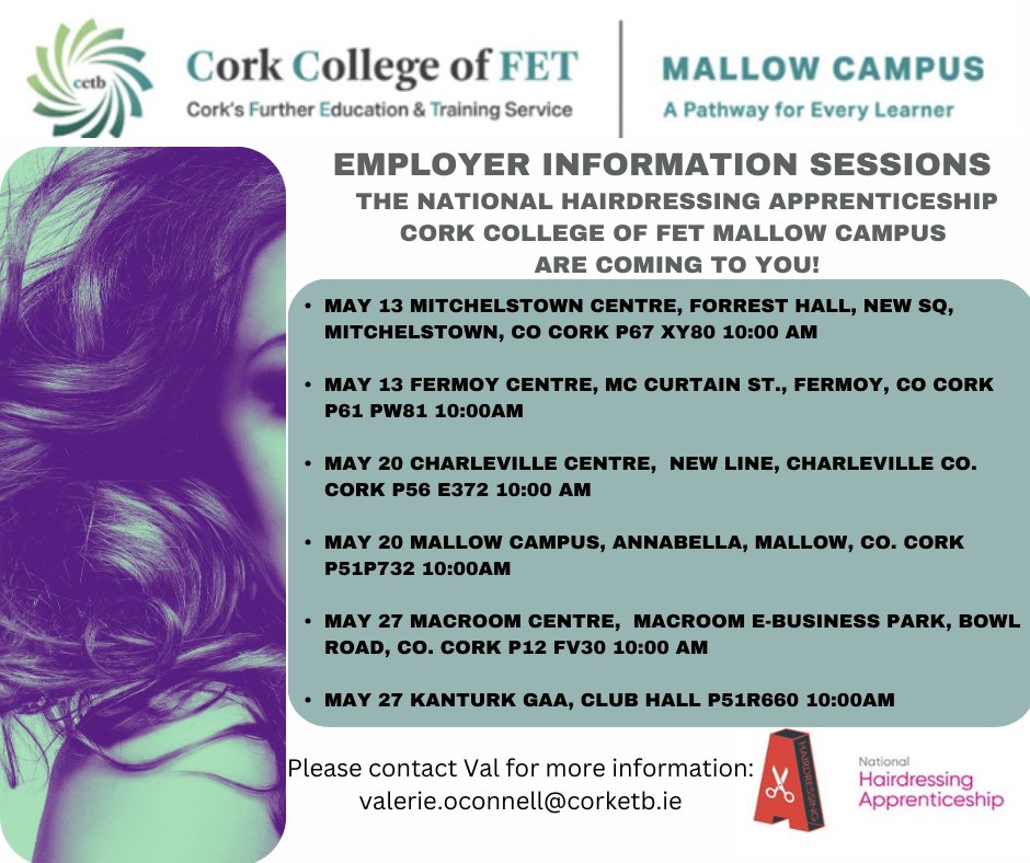 Are you a hairdressing employer in North Cork Area interested in finding out more about the @Nationalhairapp 💇‍♀️ @mallowcampus are hosting Employer Information Sessions for you to find out more 🙌 @corketb @solasfet @apprenticesirl #ThisisFET #GenerationApprenticeship