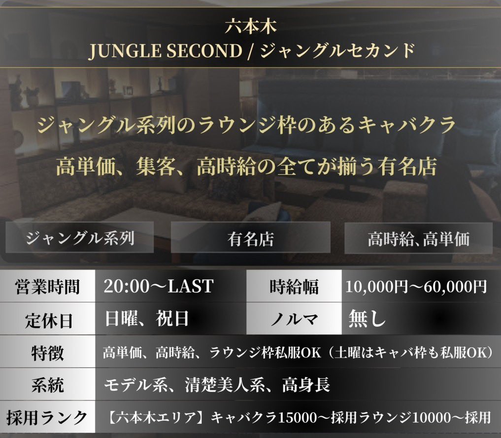 🌻5月新規キャンペーン🌻祝い金30〜60万
ジャングルセカンド
高額な時給と圧倒的な集客力を誇り、
ラウンジ枠のあるキャバクラで今大人気の高級

RT.いいね
アマギフ🎁