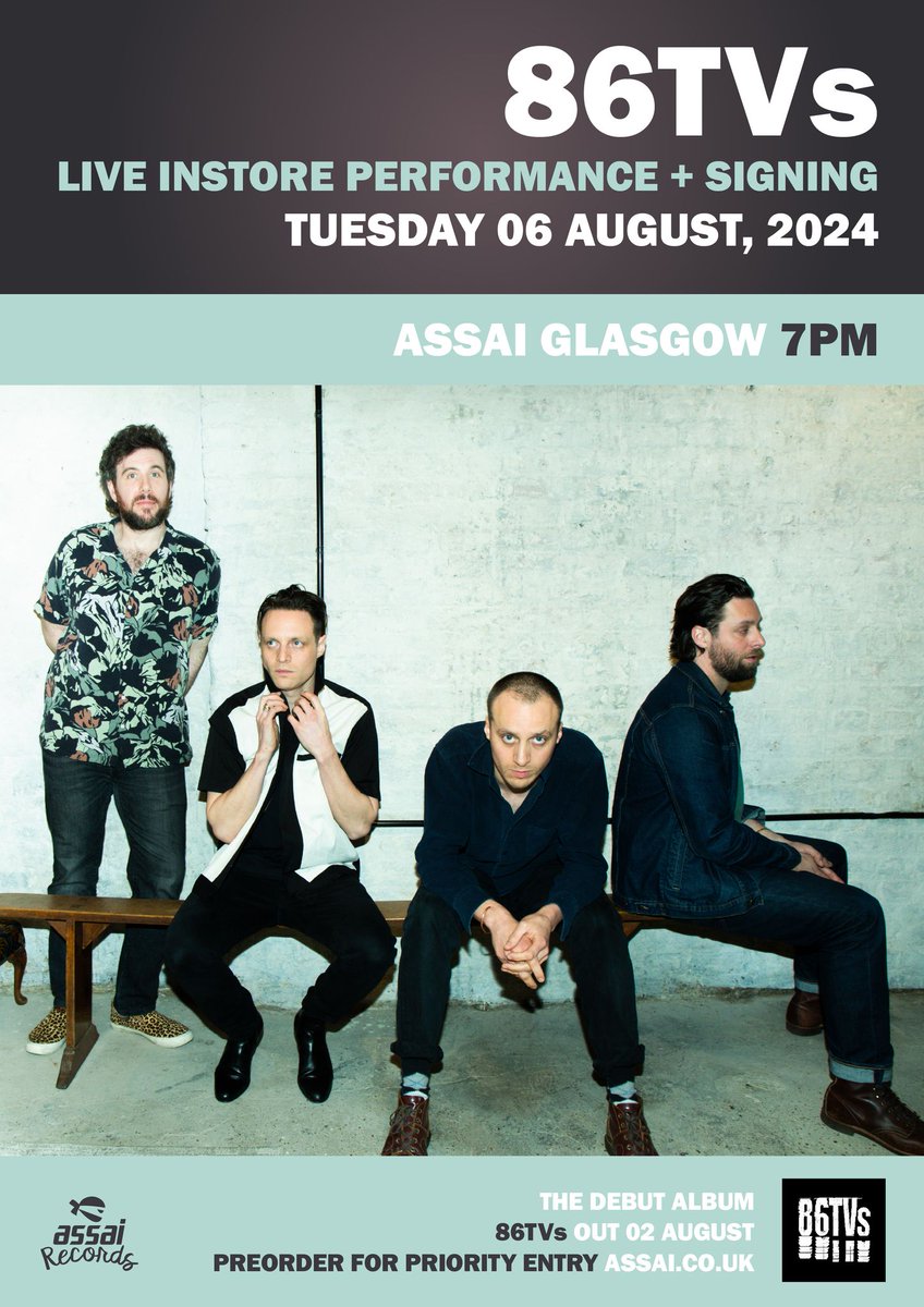 @86TVsband @parlophone @Assai_UK ...and they'll be joining us IN STORE on release week to celebrate! 📺 6th Aug | 7pm 📺 Priority entry (album + ticket) bundles: tinyurl.com/86TVsGLA We're all absolutely buzzing for this one! Going to be an extremely busy one so don't wait around. @86TVsband @parlophone