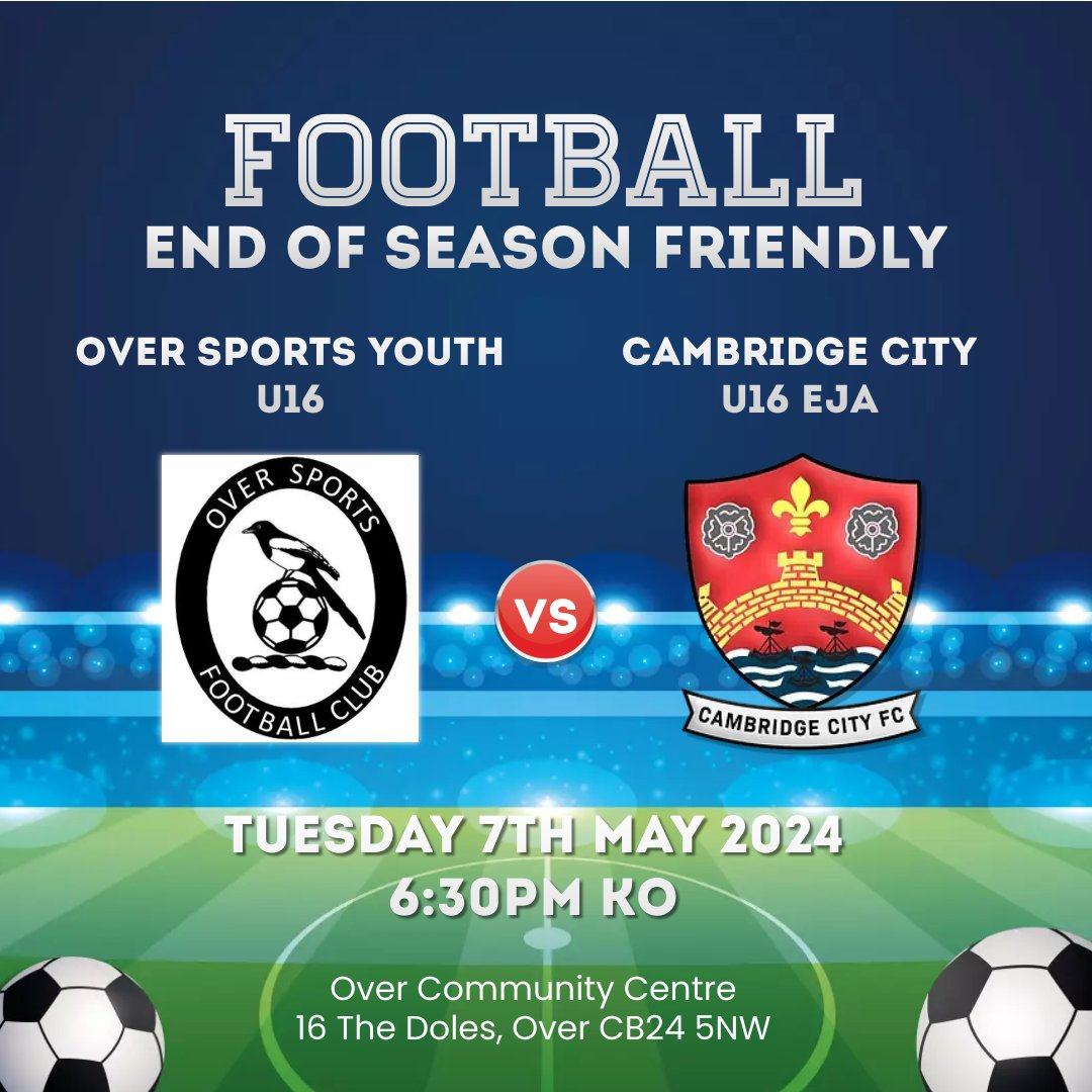 Come and support our boys in the annual end of season friendly <a href="/camcityyouth/">Cambridge City FC - Youth</a> U16's at the <a href="/CentreOver/">Over Community Centre</a>
