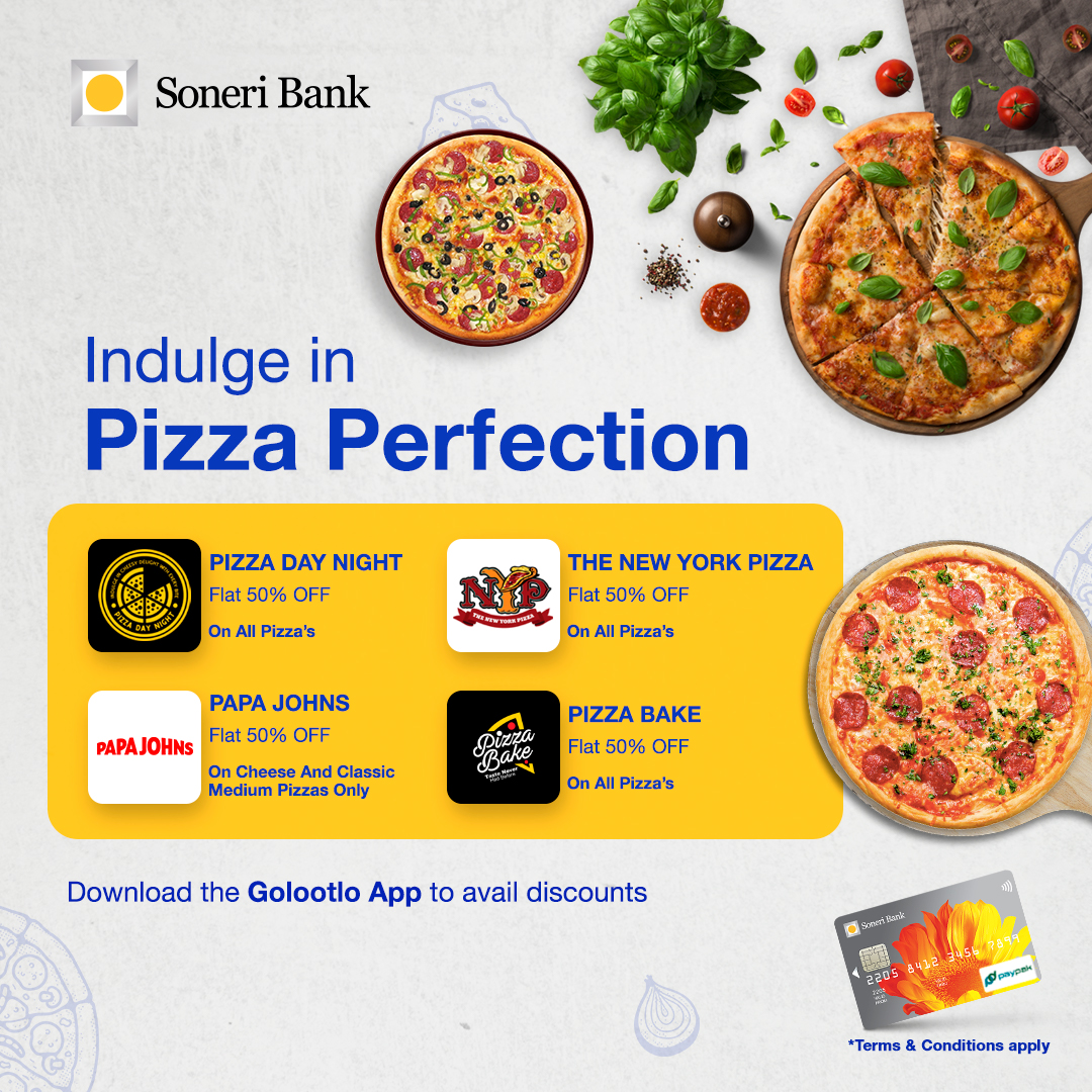 Indulge in your love for pizza with exclusive discounts at pizza restaurants through the Golootlo app's free subscription, powered by Soneri PayPak Debit Cards.  

#SoneriBank #RoshanHarQadam #Paypak #Golootlo