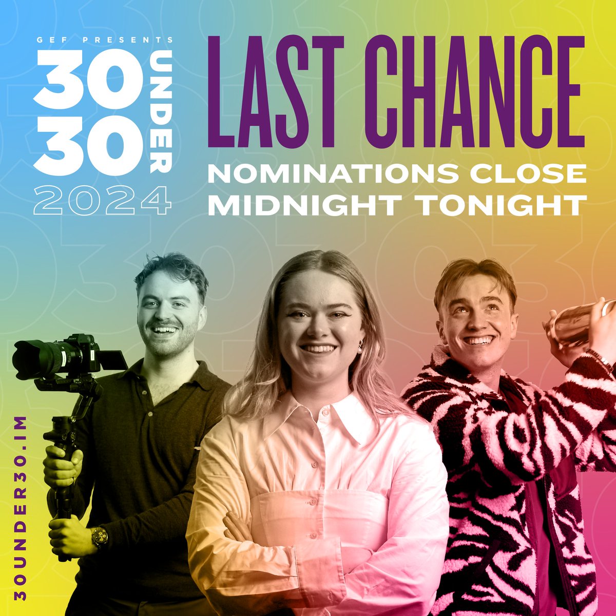 Time's almost up, Gef's 30 Under 30 nominations close at MIDNIGHT! If you've got charisma, uniqueness, nerve and talent, this is YOUR moment. Don't let procrastination steal your thunder, nominate yourself or that buddy who's destined for greatness NOW! #Gef30Under30 #isleofman