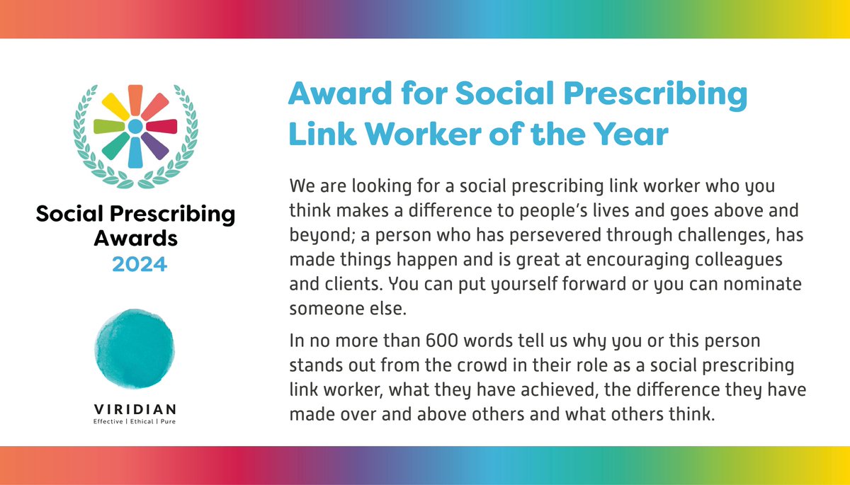 Thanks to @ViridianNews sponsors of the Award for Social Prescribing Link Worker of the Year - you can enter this yourself or nominate someone. Entries close 10 May Find out more & enter here: ow.ly/O6fC50RcUik @NASPTweets @CollegeofMed @SocialPrescrib2