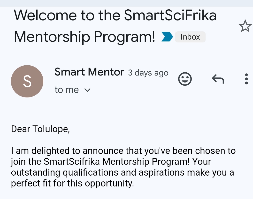 I am excited. 💃💃💃 I have been chosen to join the SmartSciFrika mentorship program. This is a platform for empowering Early Career Researcher/Research Scientists (ECR) across Africa. I can't wait to meet and connect with likeminds, mentors, and other mentees.