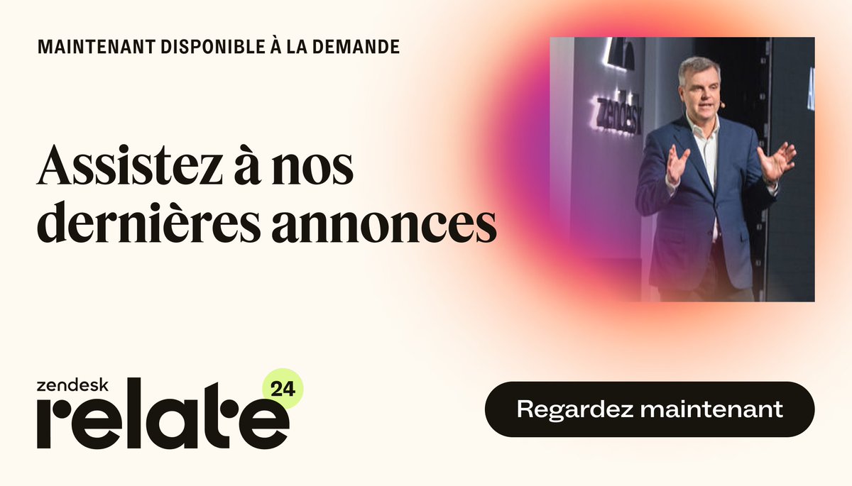 Vous avez manqué #ZendeskRelate 2024 ? Aucun problème. Inscrivez-vous pour accéder à la demande au contenu de cet événement et recevez l’intégralité de la conférence et des sessions exclusives directement dans votre boîte de réception. bit.ly/3JMDWp4