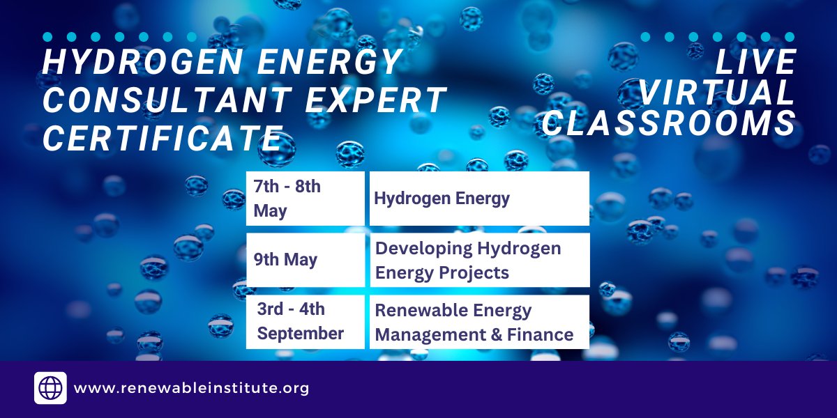 Dive into Hydrogen Energy in our Live Virtual Classroom on 7th - 8th May: bit.ly/2SSsdOV Achieve our Hydrogen Energy Consultant Expert Certificate and 3 GMCs with 5 days of study in our Live Virtual Classroom: bit.ly/3I4CaxZ #hydrogenenergy #renewableenergy