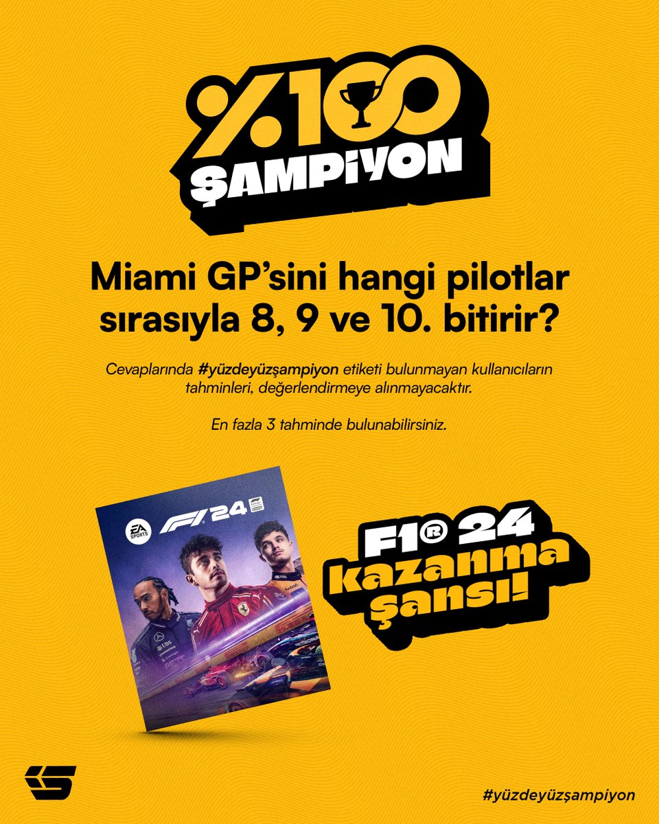 🚨 Soruyu doğru bil, bizi takip et, F1 24 kazan! 🤔 Miami GP’sini hangi pilotlar sırasıyla 8, 9 ve 10. bitirir? 🌟 #yüzdeyüzşampiyon etiketiyle doğru tahmini yapan ilk kişi F1 24 kazanacak!