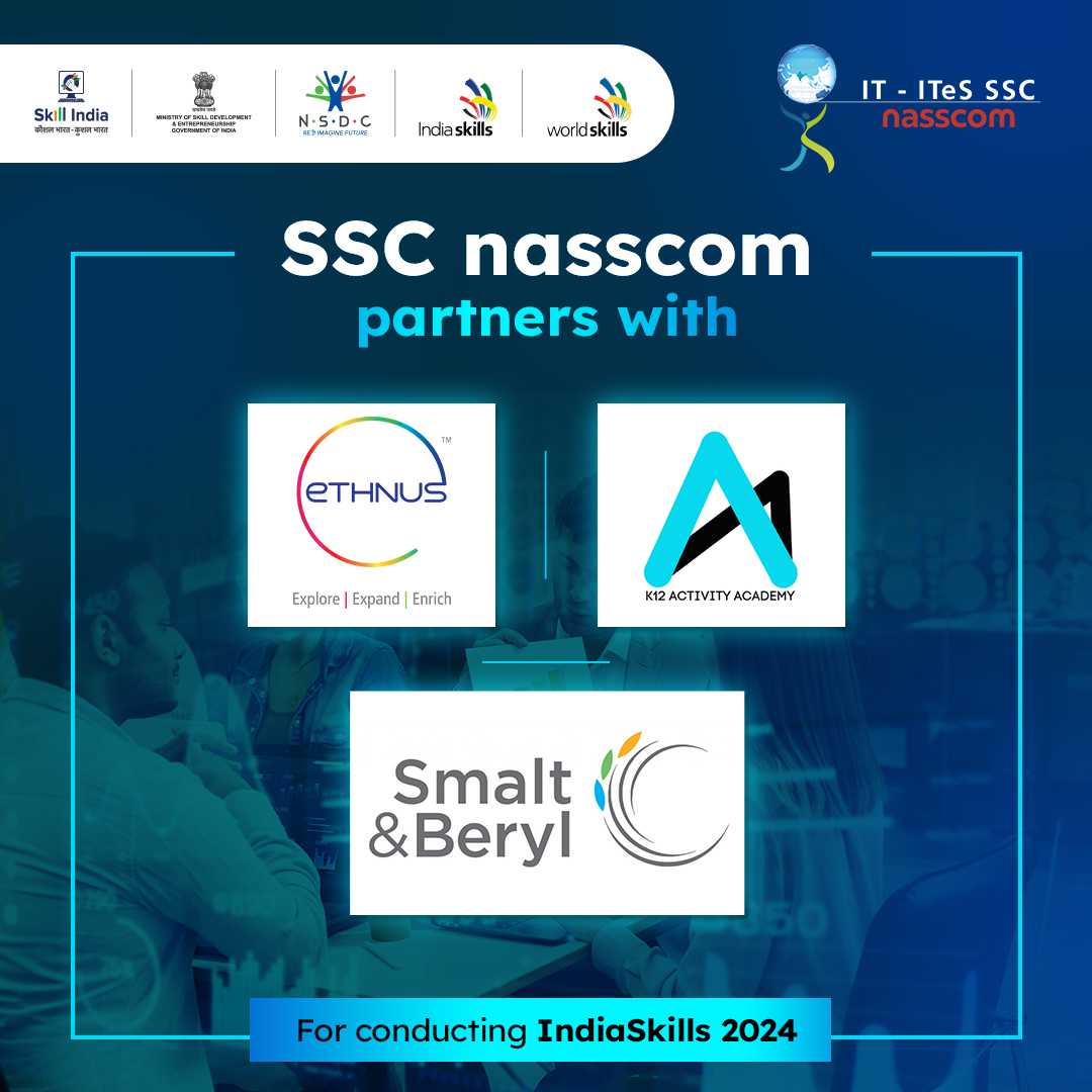 Excited to announce our collaboration with #Smalt & Beryl, #Ethnus, and #K12Activity Academy for conducting #IndiaSkills2024. Together we're building, developing, and honing the emerging tech skills of the Indian youth at an international level. #SSCnasscom #IndianYouth #Talent