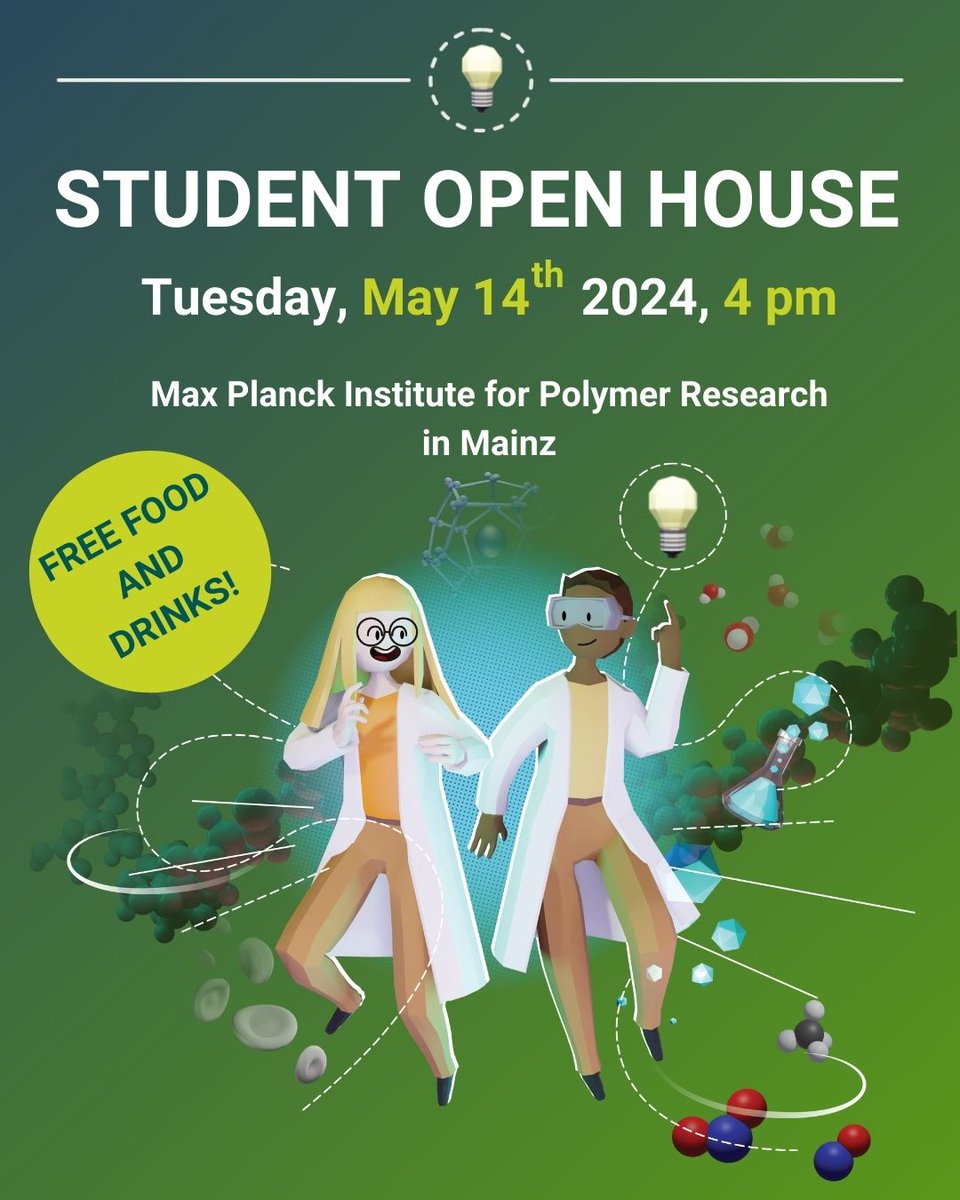 Max-Planck-Institut für Polymerforschung (@mpi_polymer) on Twitter photo Explore the <a href="/mpi_polymer/">Max-Planck-Institut für Polymerforschung</a> at our Student Open House on May 14th at 4 pm! Connect with students and our group leaders or discover our labs. No registration needed! Find out about opportunities for Bachelor, Master, and PhD programs: mpip-mainz.mpg.de/909959/student… 🌟 <a href="/maxplanckpress/">Max Planck Society</a> Explore the <a href="/mpi_polymer/">Max-Planck-Institut für Polymerforschung</a> at our Student Open House on May 14th at 4 pm! Connect with students and our group leaders or discover our labs. No registration needed! Find out about opportunities for Bachelor, Master, and PhD programs: mpip-mainz.mpg.de/909959/student… 🌟 <a href="/maxplanckpress/">Max Planck Society</a>