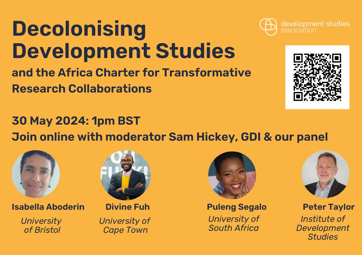 Sign up for this great @devcomms webinar on 30th May, with @divinefuh of @huma_africa, @PulengSegalo of @unisa, @ptaylor_ottawa of @IDS_UK, @sam_b_hickey of @GlobalDevInst and our own Professor Isabella Aboderin of @BristolUni! 🌍 #AfricaCharter parc.blogs.bristol.ac.uk/event/decoloni…