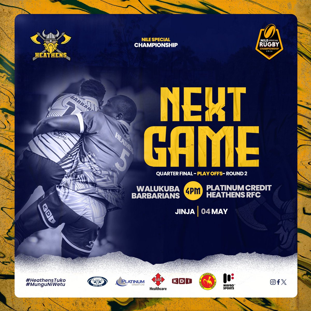 Greetings, salary earners! Join us tomorrow in Jinja to support @HeathensRFC against @WalukubaRugbyUg in the #NSRC quarter-finals 2nd leg. Departing from @KyadondoClub at 9 am. Contact @EdwardKiwanuka6 to hop on our bus. 🤗 #HeathensTuko #KyadondoIsHome