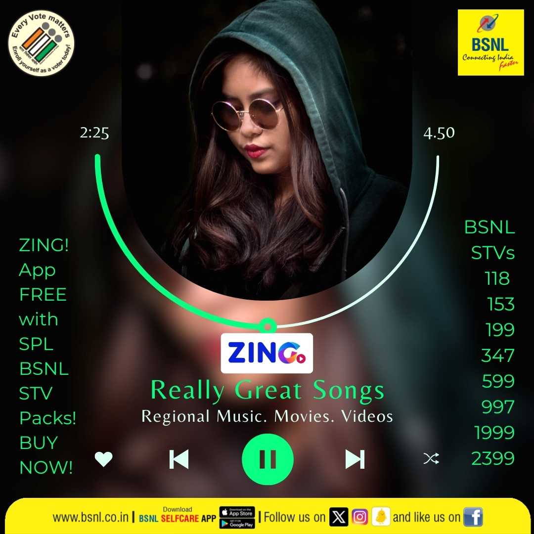 Unlock a world of regional entertainment with #Zing!
Experience the rhythm of local music, the thrill of movies, and more with select #BSNL prepaid plans.

Download #BSNLSelfcareApp
Google Play: bit.ly/3H28Poa
App Store: apple.co/3oya6xa
#BSNLOnTheGo #DownloadNow