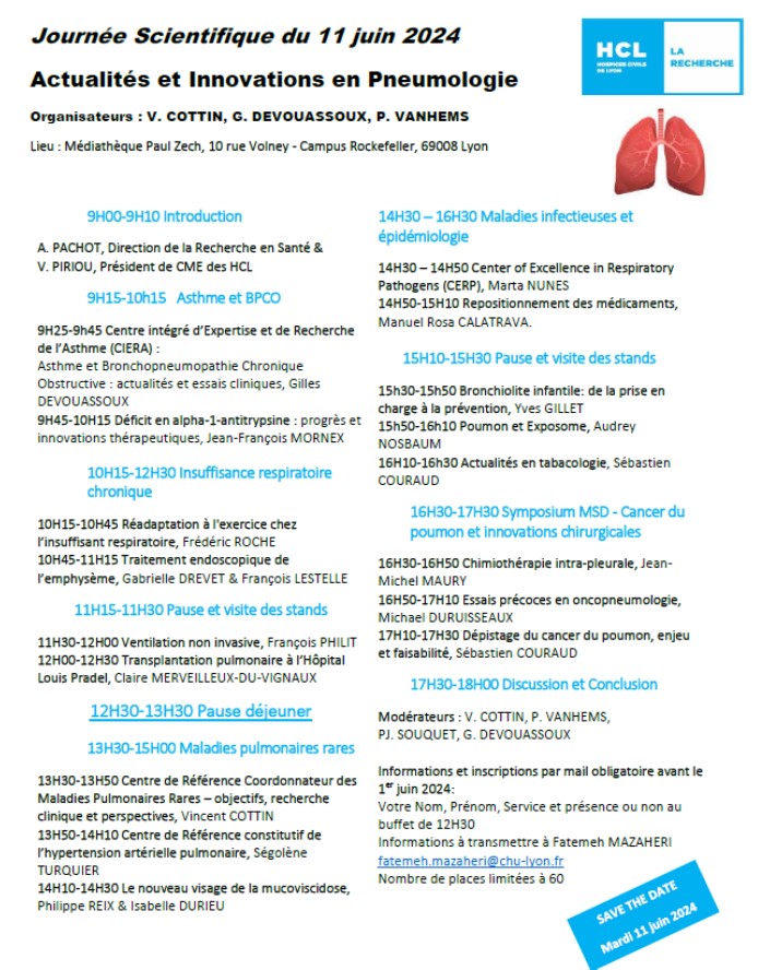 Cliniciens, chercheurs, directeurs, cadres, personnels de recherche et des soins, partenaires industriels, ne manquez pas la première journée sur la pneumologie aux HCL le 11 juin prochain à la médiathèque santé Paul Zech
<a href="/CHUdeLyon/">HCL - Hospices Civils de Lyon</a>
<a href="/s_couraud/">Sébastien Couraud 🫁🚭🌍</a>
<a href="/UnivLyon1/">Université Lyon 1</a>
<a href="/MDuruisseaux/">Michael Duruisseaux</a>
