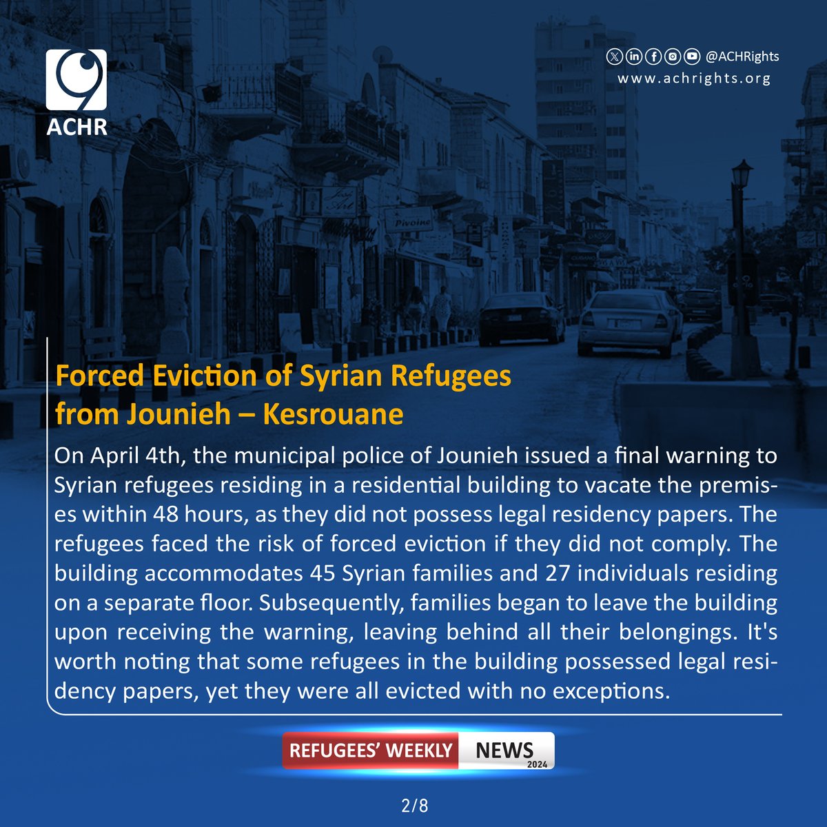 Forced Eviction of Syrian Refugees from Jounieh – Kesrouane.
#Together_for_Human_Rights #weeklynews #violations #humanrights #syrianrefugees #lebanon #syria #RefugeesRight