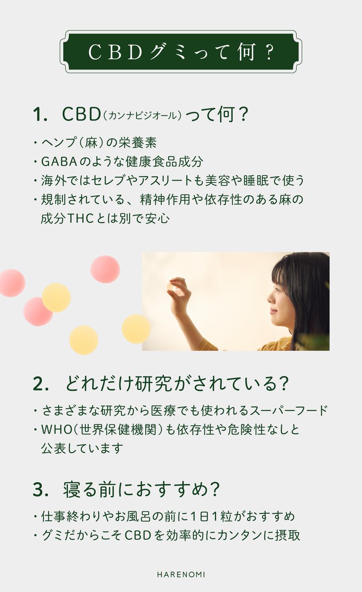 CBDって気になるけどよくわからない…そんな方にはHARENOMIのCBDグミがオススメ。国産素材にこだわって人工甘味料、ゲル化剤、白砂糖も不使用。普通のグミの強い香料も不使用。グミ苦手な私でもパクっと食べられる。疲れたなっていう時や寝る前に一粒。依存性もないからお守り代わりになる！#AD