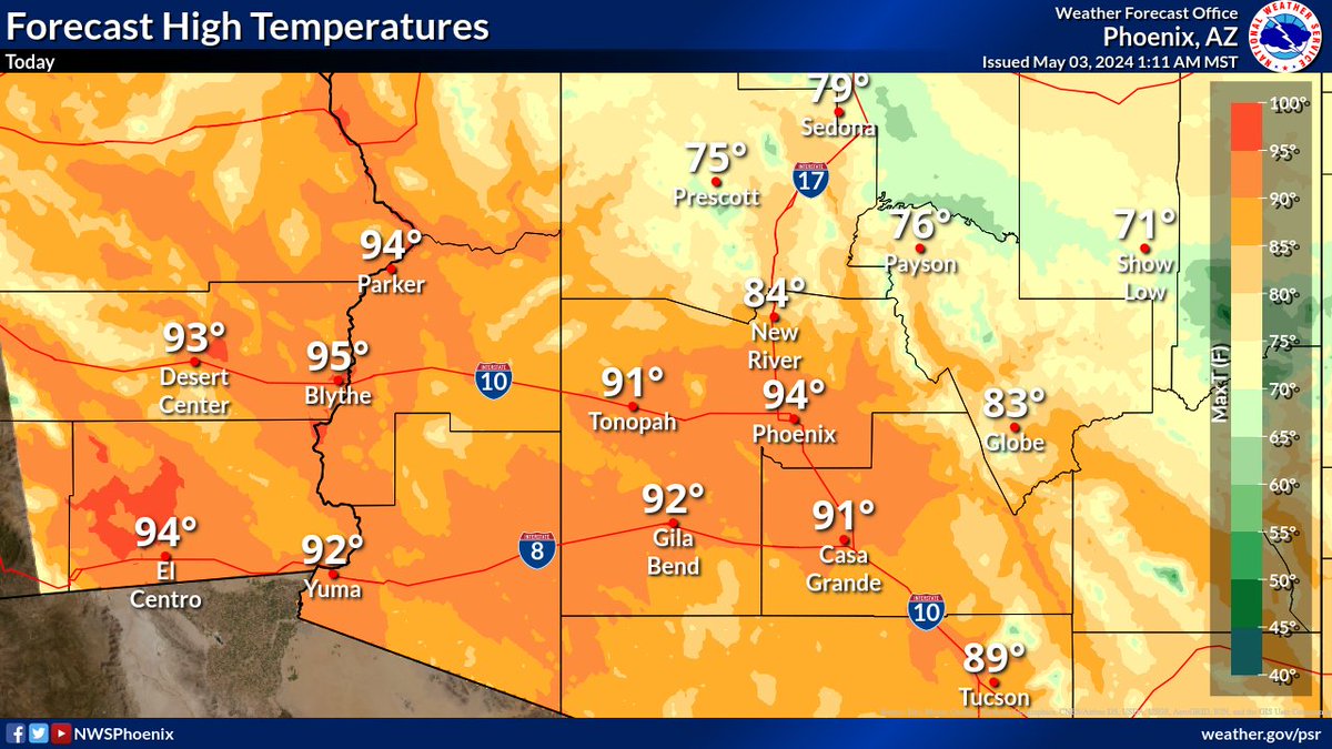 Daytime high temperatures across southern AZ and southeast CA will continue to run a few degrees above normal today and Saturday. Expect lower desert highs between 90-95° both days. #azwx #cawx