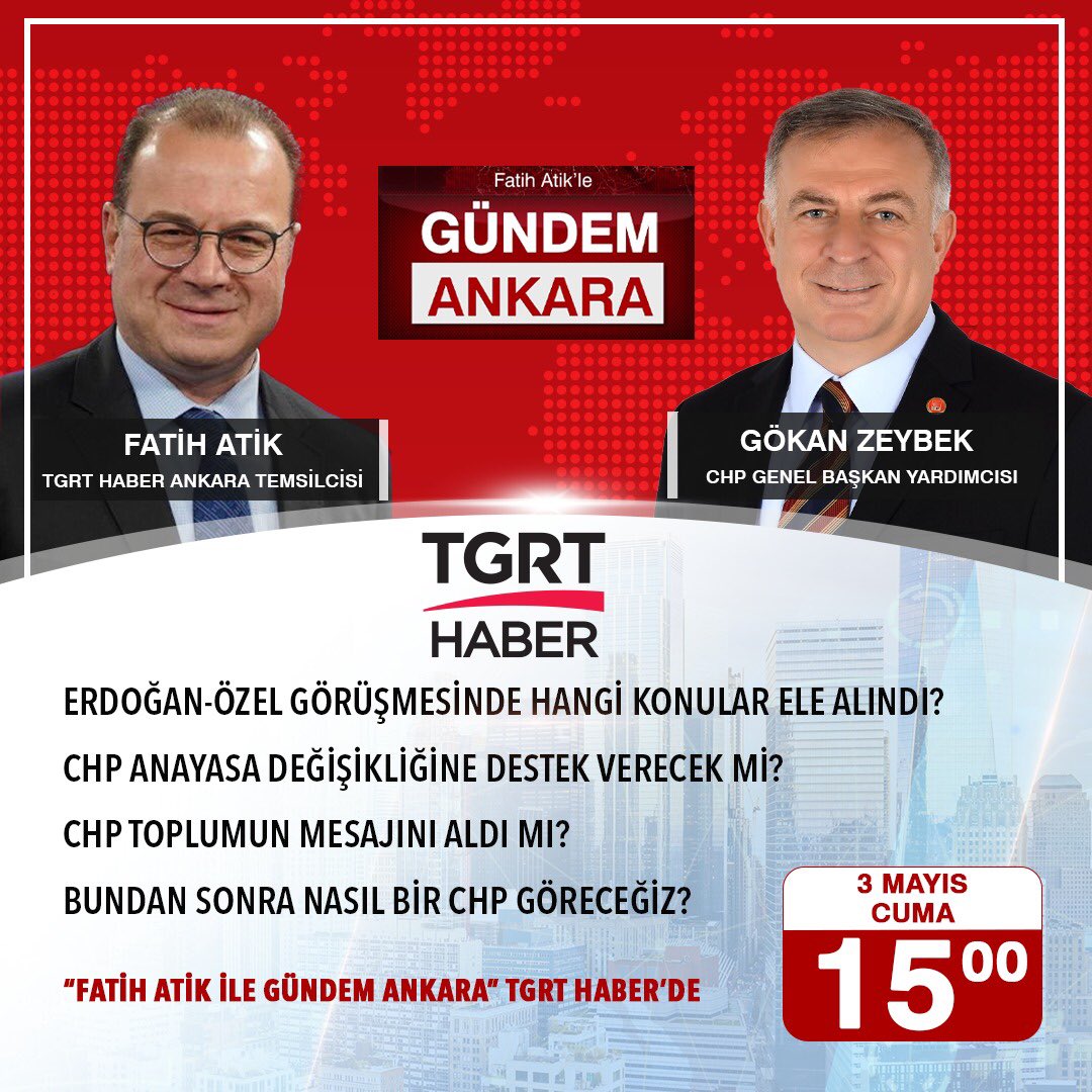 TGRT Haber ekranlarında ‘Fatih Atik ile Gündem Ankara’ programının canlı yayın konuğu olacağım. İzlemenizi dilerim. 🗓️ 3 Mayıs Cuma (bugün) ⏰ 15:00 📺 TGRT Haber @tgrthabertv