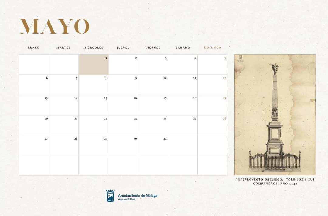 El mes de mayo de nuestro #calendario2024 tiene como protagonista un interesante dibujo:👇 Anteproyecto del obelisco erigido en memoria del General Torrijos y sus compañeros, realizado por Rafael Mitjana. Año 1842 #FelizFinDeSemana #FelizMayo