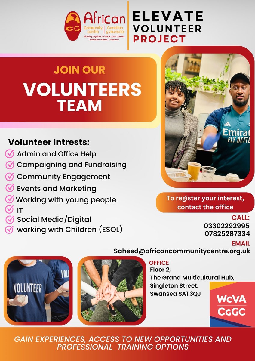 Are you passionate about #communityempowerment and making a positive impact? The African Community Centre @ACCWales is looking for enthusiastic #volunteers to join their dynamic team! For more info 📧 Saheed@africancommunitycentre.org.uk 📞07825287334 #volunteering @SwanseaCVS