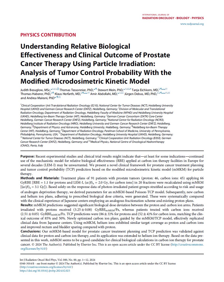 Understanding Relative Biological Effectiveness and Clinical Outcome of Prostate Cancer Therapy Using Particle Irradiation: Analysis of Tumor Control Probability With the Modified Microdosimetric Kinetic Model
#aeprot #protontherapy #particletherapy #protonterapia #prostatecancer