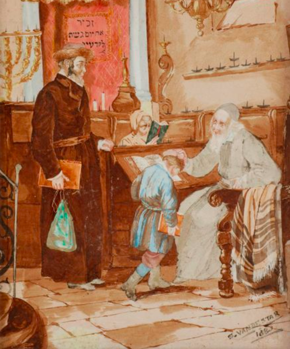 S. VANDESTAR (19ème siècle) Bénédiction des enfants le soir du Shabbat Carreau de porcelaine encadré. (1883)