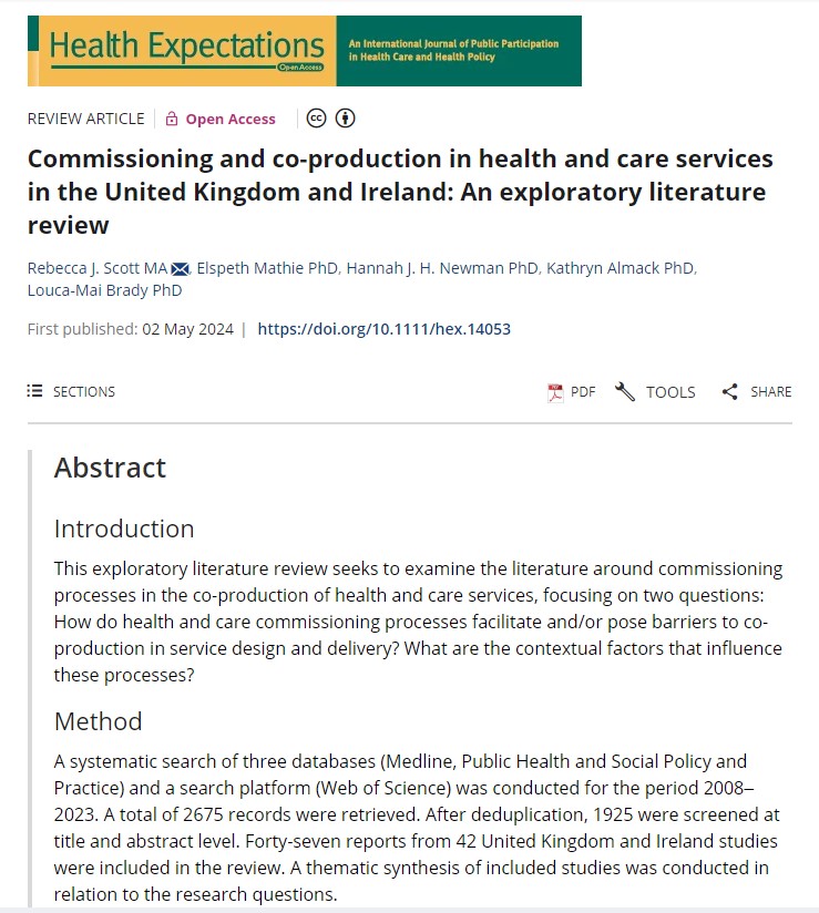 New paper alert '📢 : 'Commissioning & #CoProduction in health and care services in the UK & Ireland: An exploratory literature review By @the_bookette @elspeth_mathie @DrHNewman @KathrynAlmack & me. doi.org/10.1111/hex.14… @CRIPACC1 @UH_HSK @UHertsResearch @Wendy_J_Wills