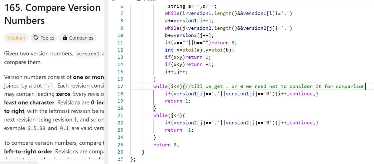 228/365: The trickier thing is in the second part where dots and zeros are escaped for comparison using ++ and continue ,and as soon as i or j goes out of the respective lengths its 1 or -1 return statement is not considered. #ProblemSolving #LearnToCode #GrowTogether📷📷