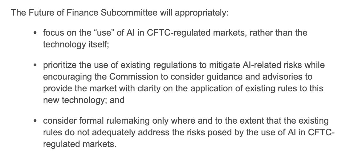 As well as appointing its first #AI big cheese this week, the CFTC also indicated it's kicking off an industry survey and further work to find out whether new #finreg is required. It sounds (tonally) like it won't go the same route as the SEC, but you never know.