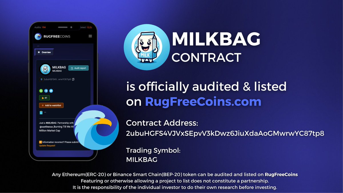 ' @MilkbagSol ' has been fully audited and listed on RugFreeCoins. Scored: 9.1/10 rugfreecoins.com/coin-details/2… #Rugfreetokens #MILKBAG #audit #SOL #web3 #Solana #Crypto