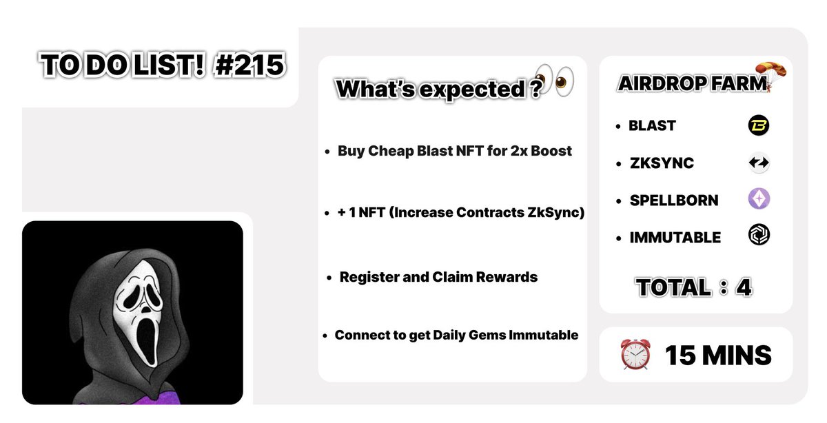 📝 𝗧𝗢 𝗗𝗢 𝗟𝗜𝗦𝗧! #214 🔹 Buy Cheap BLAST NFTs for 2x Boost Airdrop 🔗 - blast.io/RICRM 🔗 - element.market/invite?ref=FAAY 🔹 + 1 NFT (Increase Contracts ZkSync) 🔗 - consumezks.nfts2.me 🔹 Register and Claim Rewards 🔗 - spellborne.gg/invite/ased 🔹 Connect to get…