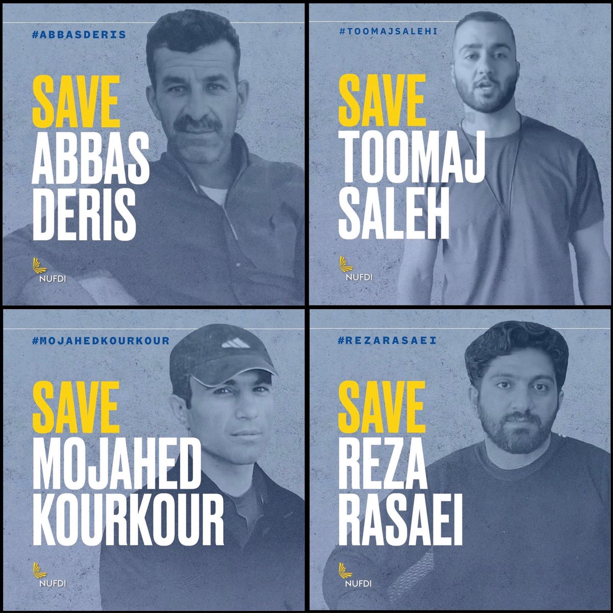 #ToomajSalehi #RezaRasaei #MojahedKourkour #AbbasDeris lives are at imminent danger of execution by the Islamic regime! 

Be their voice to save their lives!