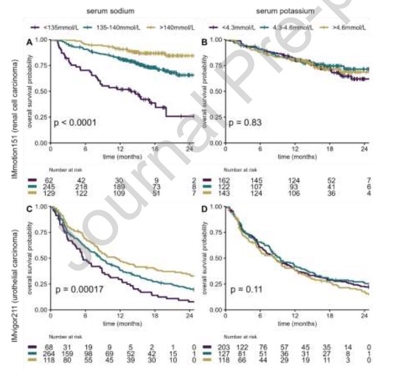 Really interesting article by @niklas_kluemper in EJC 🤓🤓 Post-hoc analyses from the IMvigor211 and IMmotion151 💉💉 A simple and cheap predictor of IO efficacy >Blood sodium levels 🧂🧂 Could be very practical and beneficial for the patients 🤞🤞 A great discussion on the