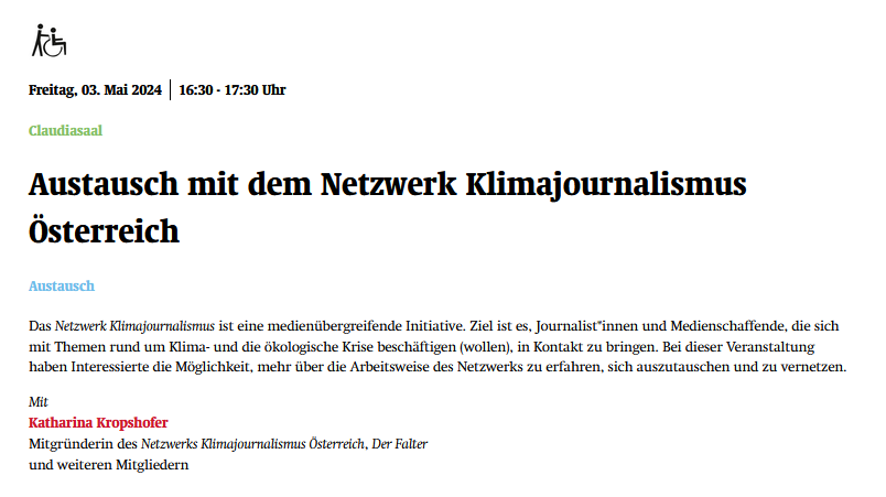 Ihr habt heute noch nichts vor & seid in Innsbruck? 🤔 Netzwerk-Mitgründerin @KKropshofer hält am @JournalismusIBK einen Workshop zu den Grundlagen des #Klimajournalismus – danach findet um 16.30 Uhr ein Vernetzungstreffen statt. Kommt gerne vorbei! 👉🏽 journalismusfest.org/austausch-mit-…