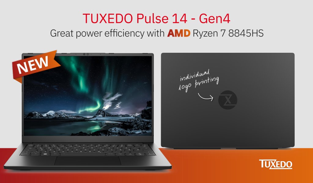 The TUXEDO Pulse 14 - Gen4 

➡AMD Ryzen 7 8845HS 
➡a bright 16:10 3K display   
➡ultra light (1.4 kg) and thin (18 mm)  
➡fancy: individual logo printing
➡and many more

tuxedocomputers.com/en/TUXEDO-Puls…

#tuxedo #linux #performance #efficiency